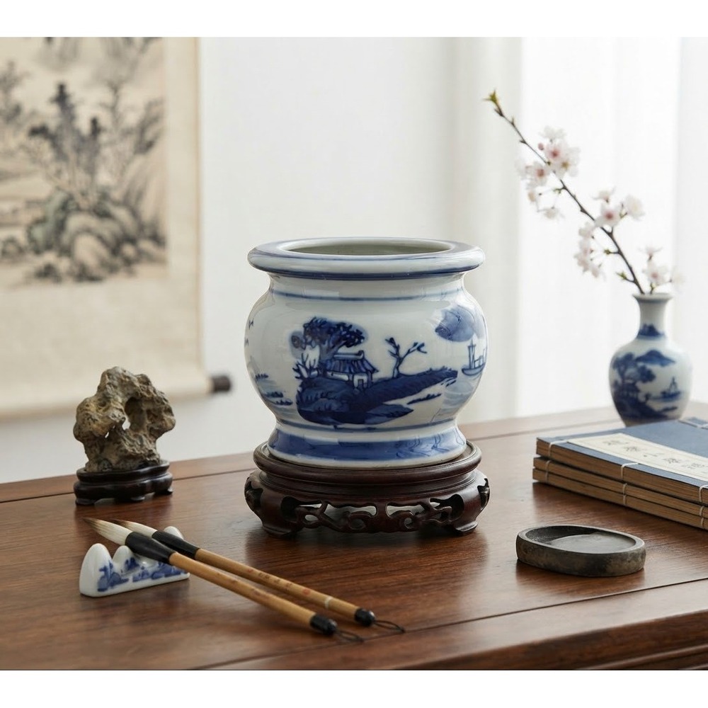Blue and White Porcelain Mini Censer Landscape Pagoda Ceramic Jar 2.5x3